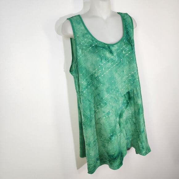 Dressbarn Top Women's Green 1X Sleeveless Embroidered Sequins Asymmetrical Boho - Picture 4 of 11